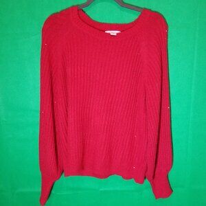 Liz Claiborne Cable Knit Sweater Rich Red Glitter Chunky Knit Women Large Party